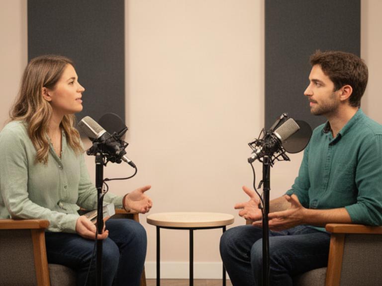 Podcastcover van Helder Gesprek met twee gesprekspartners in een rustige studio