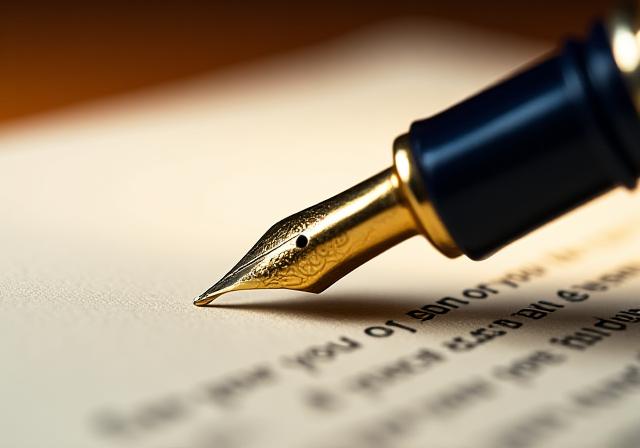 Close up of a legal document with a gold fountain pen
